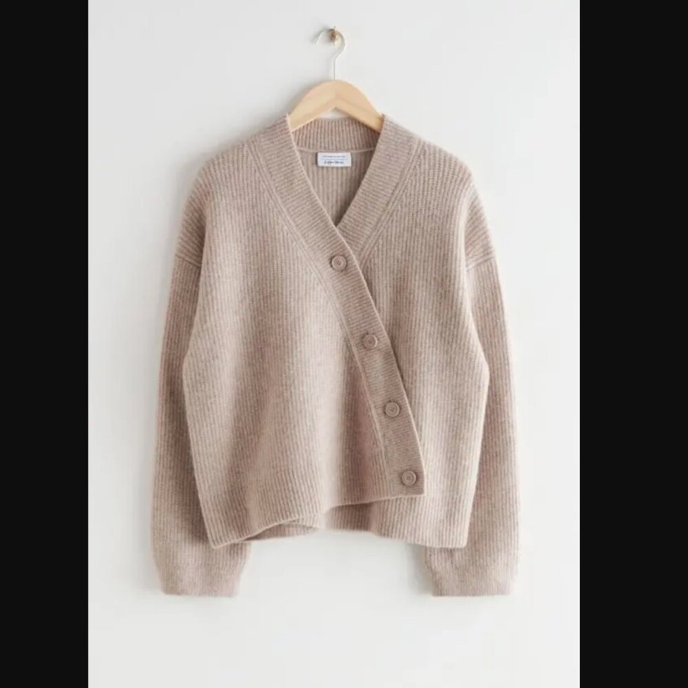 &other stories wool blend asymmetrical brown cardigan size S